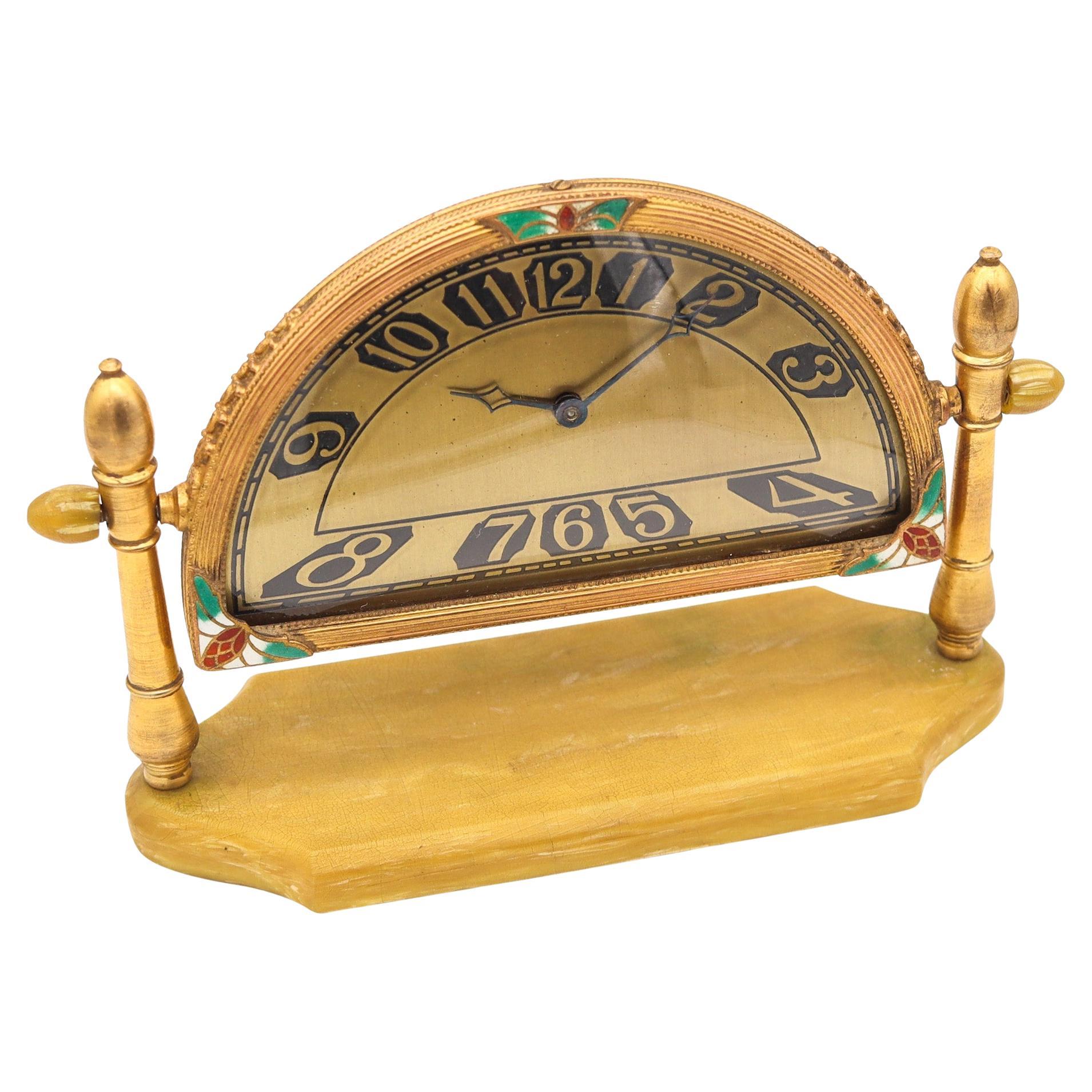 SILVERCRAFT 1920 Art Deco Cloisonne Enamel Desk Clock In Gilt Brass & Bakelite For Sale