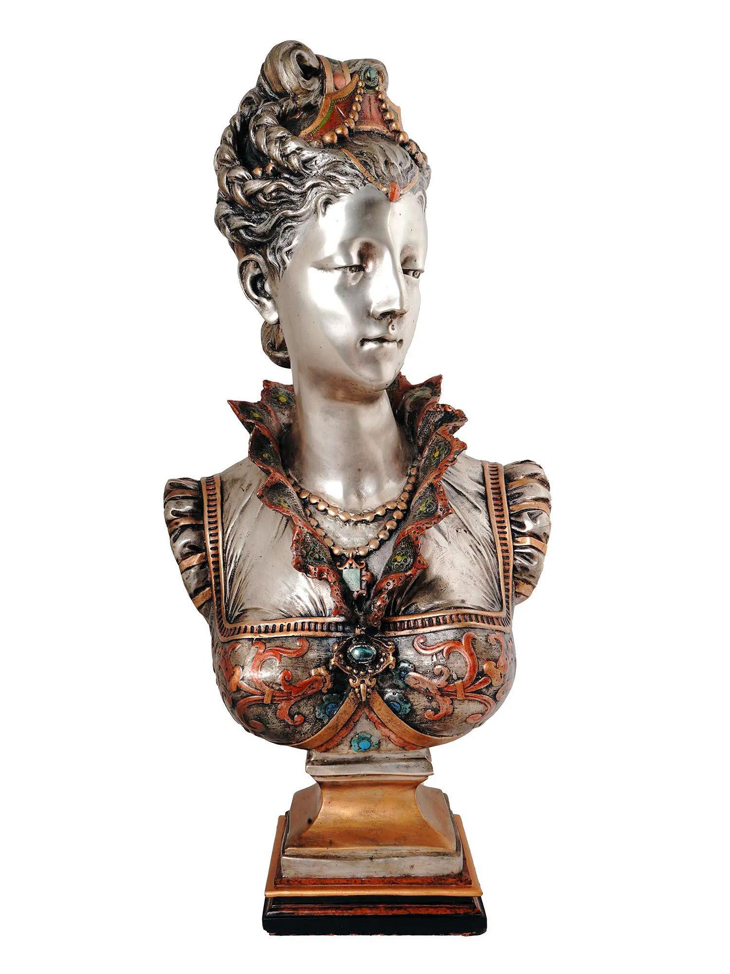 Versilberte und emaillierte Bronzebüste einer Florentiner Prinzessin im Renaissance-Stil nach dem Originalmodell von Vincent Desire Faure de Brousse, gegossen um 1940.