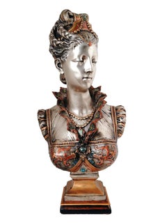 Buste de princesse florentine en bronze argenté et émaillé de style Renaissance