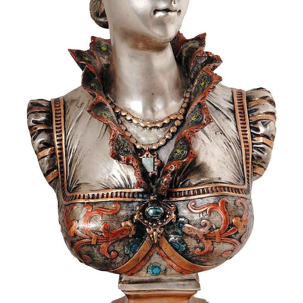 Renaissance Revival Silvered and Enameled Bronze Bust of Florentine Princess in Renaissance Style For Sale