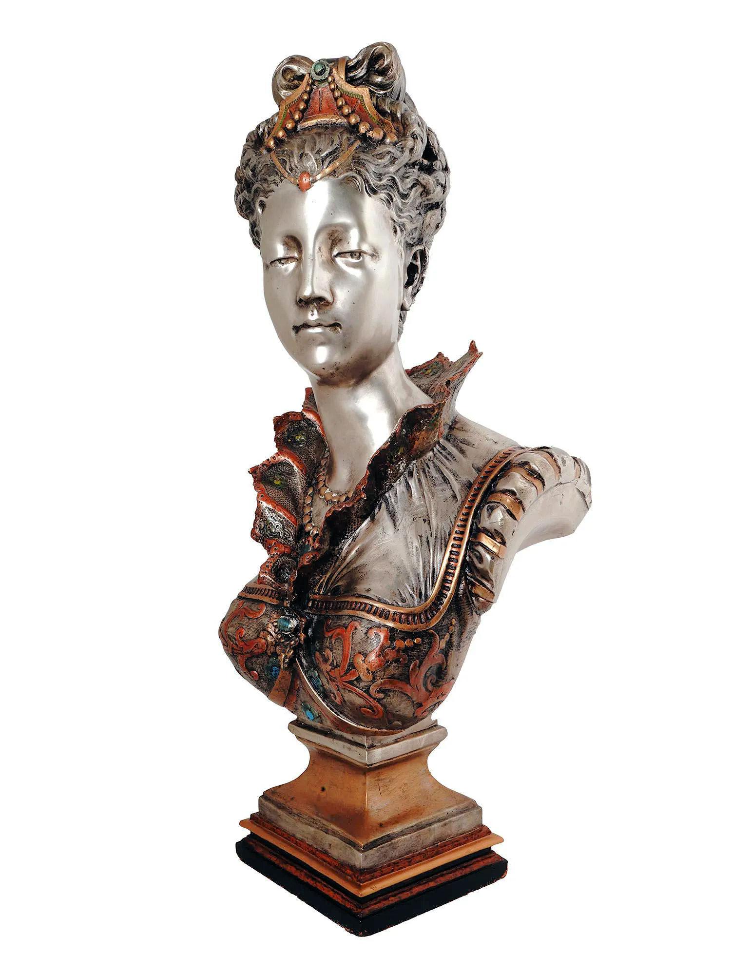 20th Century Silvered and Enameled Bronze Bust of Florentine Princess in Renaissance Style For Sale