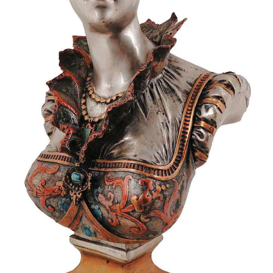 Silvered and Enameled Bronze Bust of Florentine Princess in Renaissance Style For Sale 1