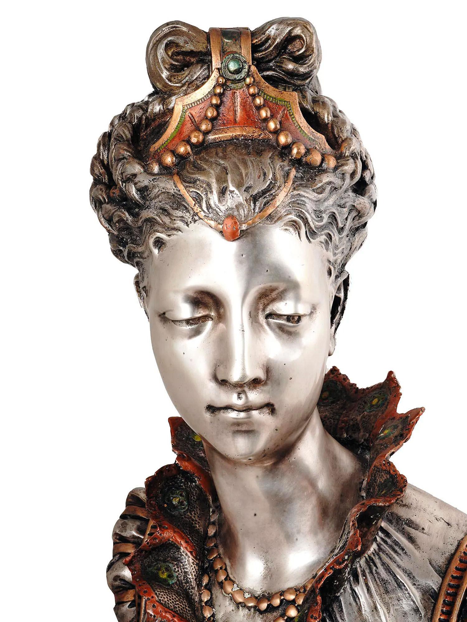 Silvered and Enameled Bronze Bust of Florentine Princess in Renaissance Style For Sale 2