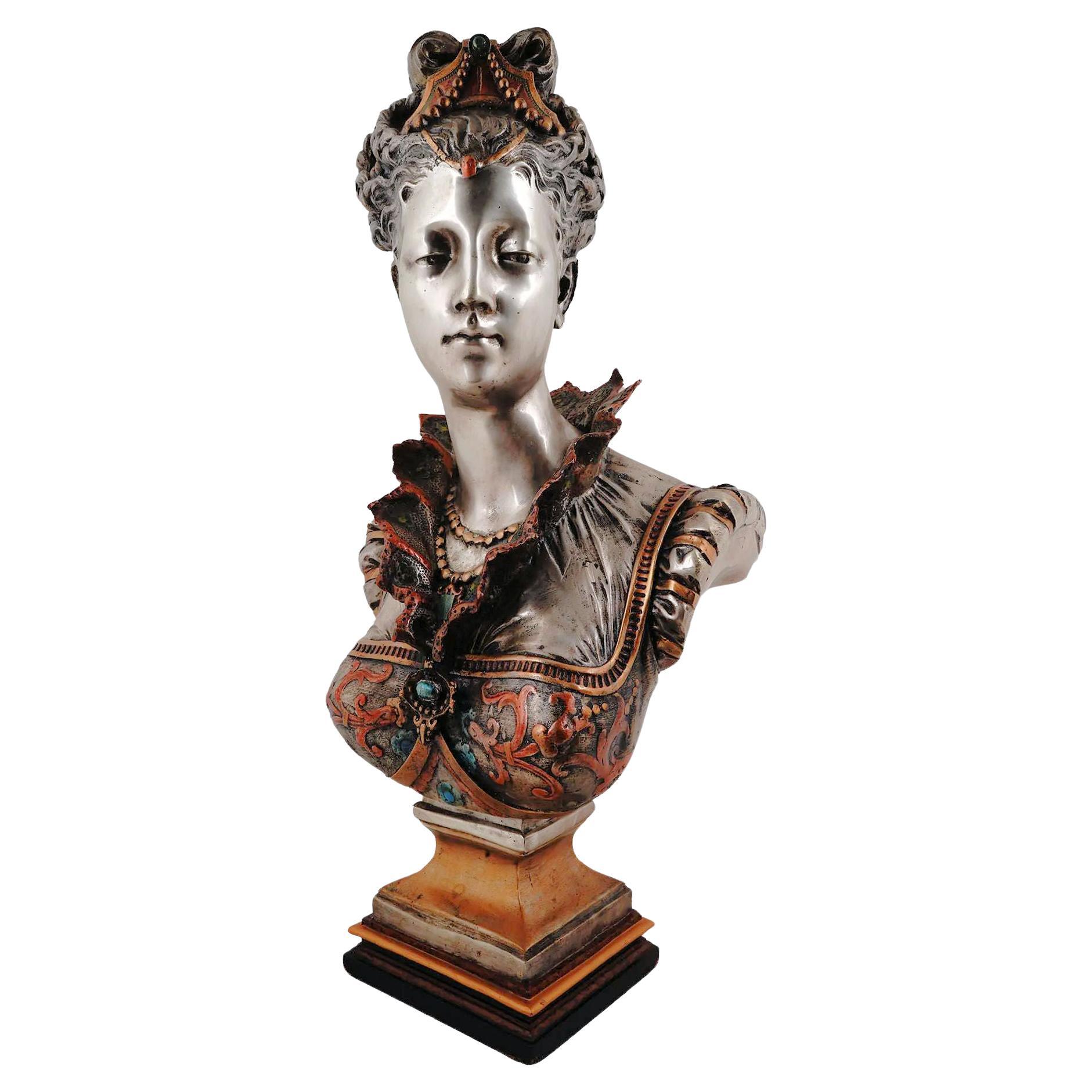Silvered and Enameled Bronze Bust of Florentine Princess in Renaissance Style For Sale