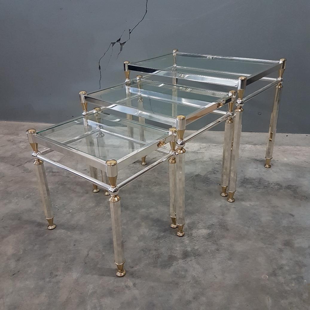 Silvered and Gilt Brass Nesting Tables with Glass Shelves, Set of Three, 1980s For Sale 3
