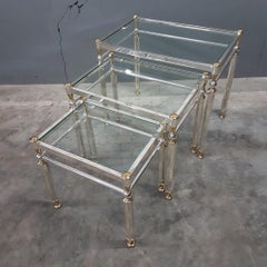 Silvered and Gilt Brass Nesting Tables with Glass Shelves, Set of Three, 1980s