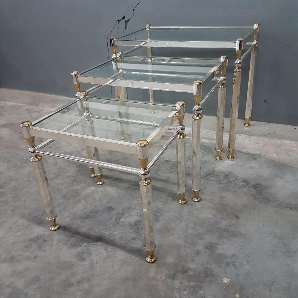 Hollywood Regency Silvered and Gilt Brass Nesting Tables with Glass Shelves, Set of Three, 1980s For Sale