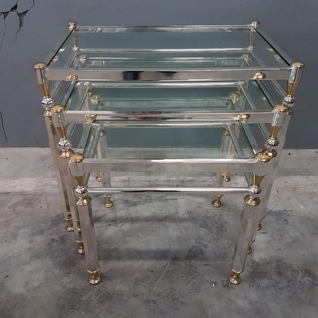 Italian Silvered and Gilt Brass Nesting Tables with Glass Shelves, Set of Three, 1980s For Sale
