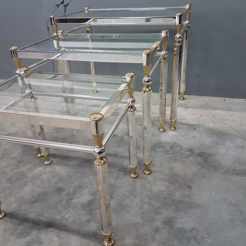 Late 20th Century Silvered and Gilt Brass Nesting Tables with Glass Shelves, Set of Three, 1980s For Sale