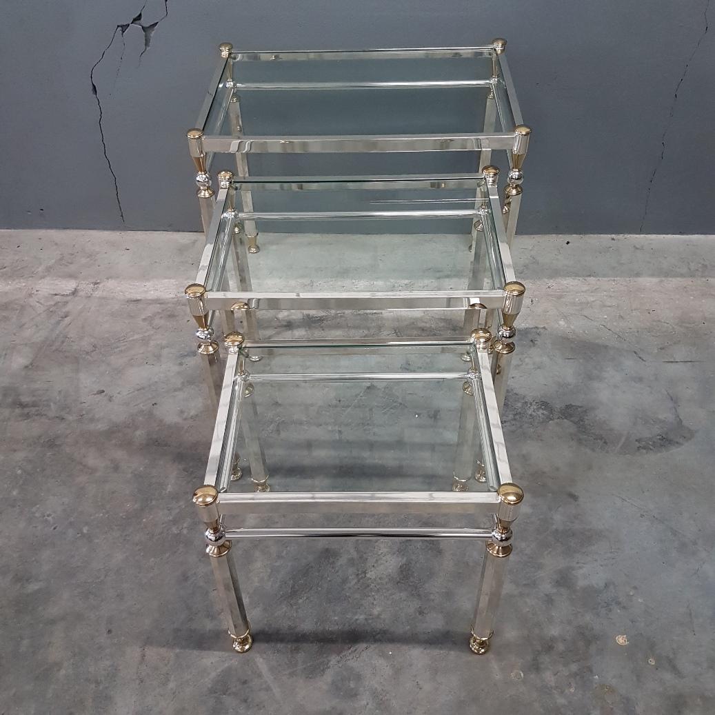 Metal Silvered and Gilt Brass Nesting Tables with Glass Shelves, Set of Three, 1980s For Sale