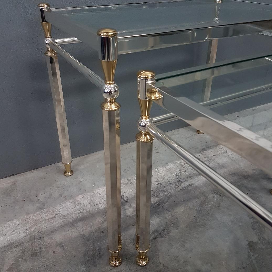 Silvered and Gilt Brass Nesting Tables with Glass Shelves, Set of Three, 1980s For Sale 1