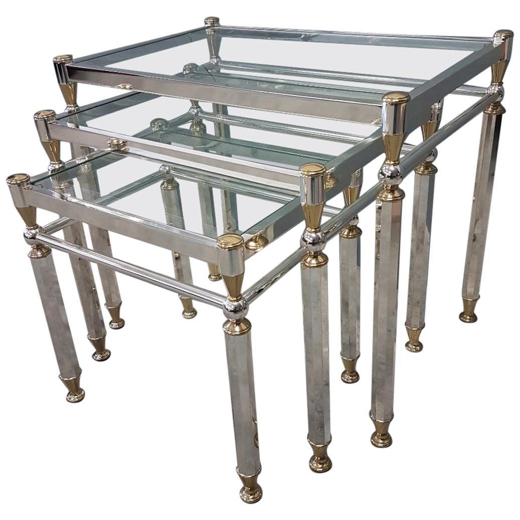 Silvered and Gilt Brass Nesting Tables with Glass Shelves, Set of Three, 1980s For Sale
