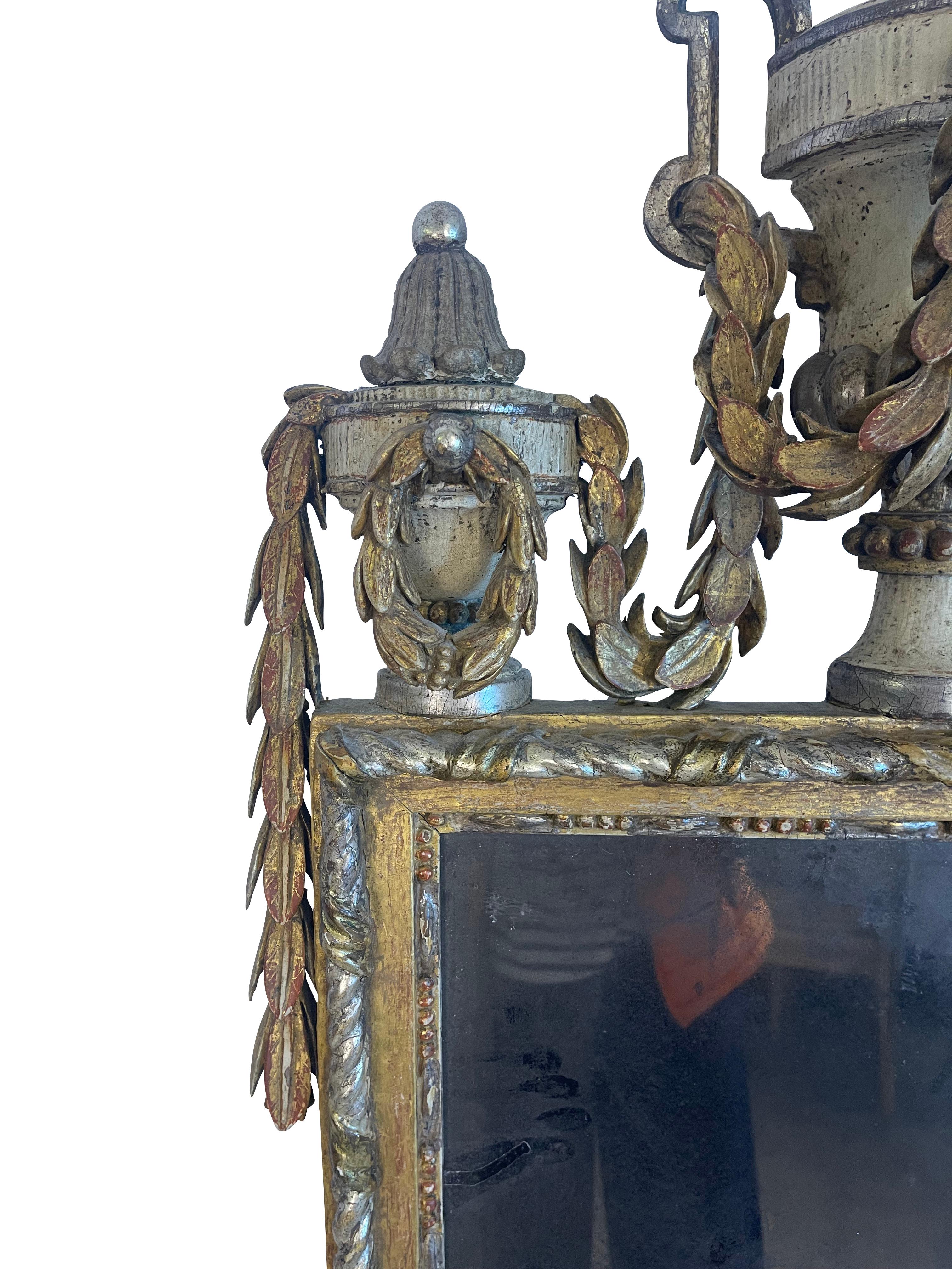 Hand-Carved Silvered and Giltwood Swedish Neoclassical Mirror with Original Glass For Sale