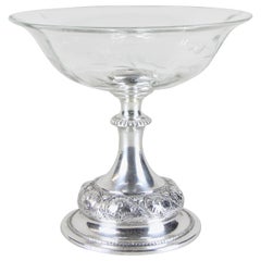 Antique Silvered Art Nouveau Centerpiece with Engraved Glass Bowl, Austria, circa 1900