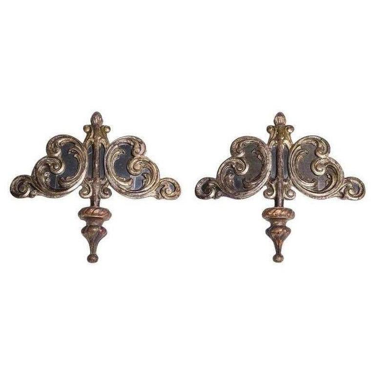Baroque Revival  Silvered Baroque Large Pair Friezes with Mirrors - Wall Sconces or Sculptures For Sale