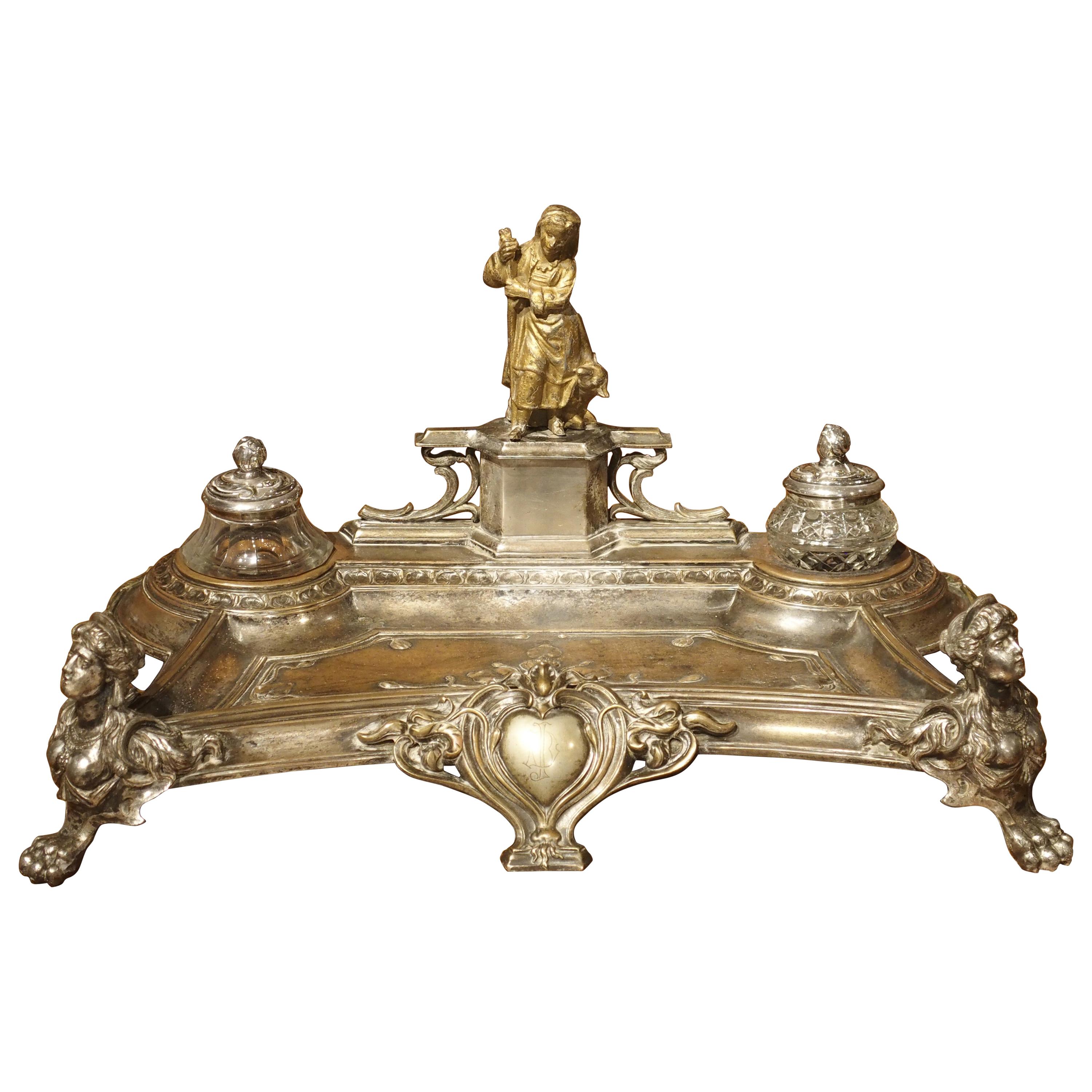 Silvered Brass and Gilt Encrier with Shepherdess and Monogram, circa 1900 For Sale