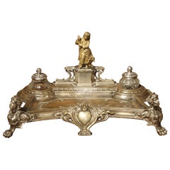 Silvered Brass and Gilt Encrier with Shepherdess and Monogram, circa 1900