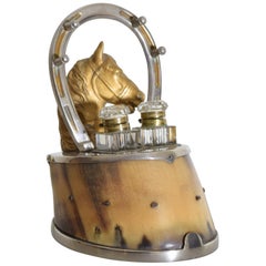 Antique Silvered Brass, Brass, and Glass Horse Hoof Inkwell, Early 20th Century