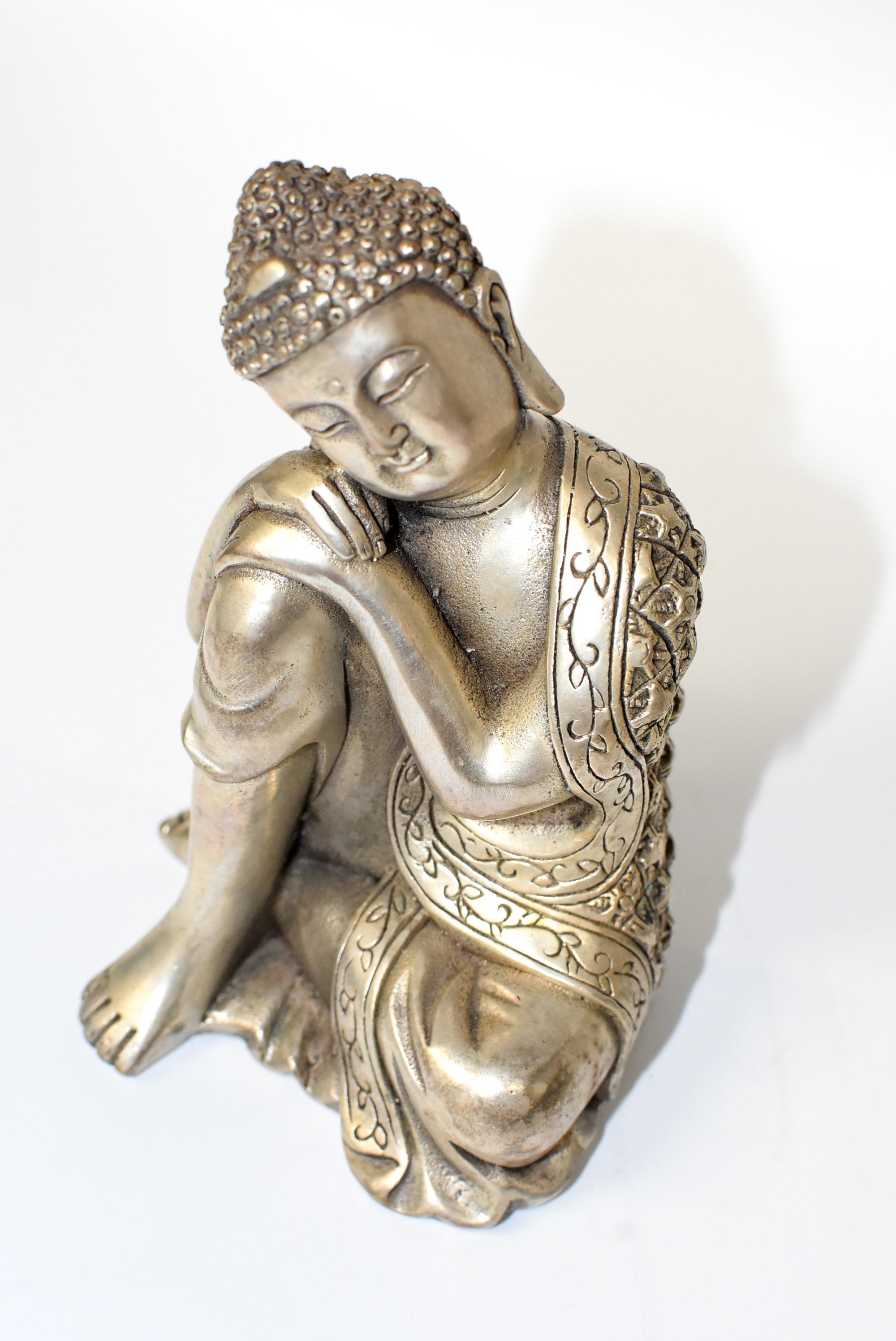 Chinese Silvered Brass Buddha Statue, a Thinking Buddha
