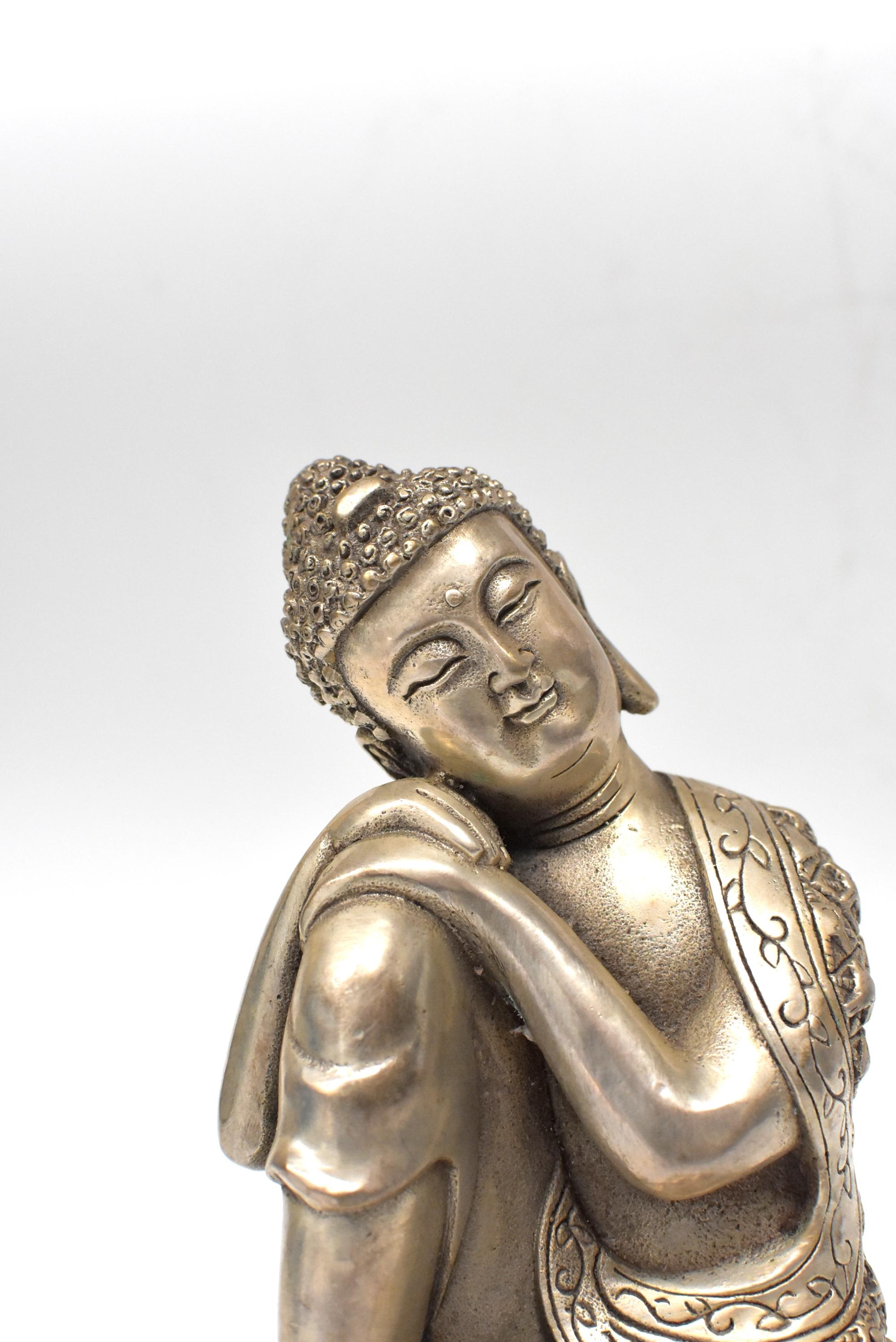 Silvered Brass Buddha Statue, a Thinking Buddha In Good Condition In Somis, CA