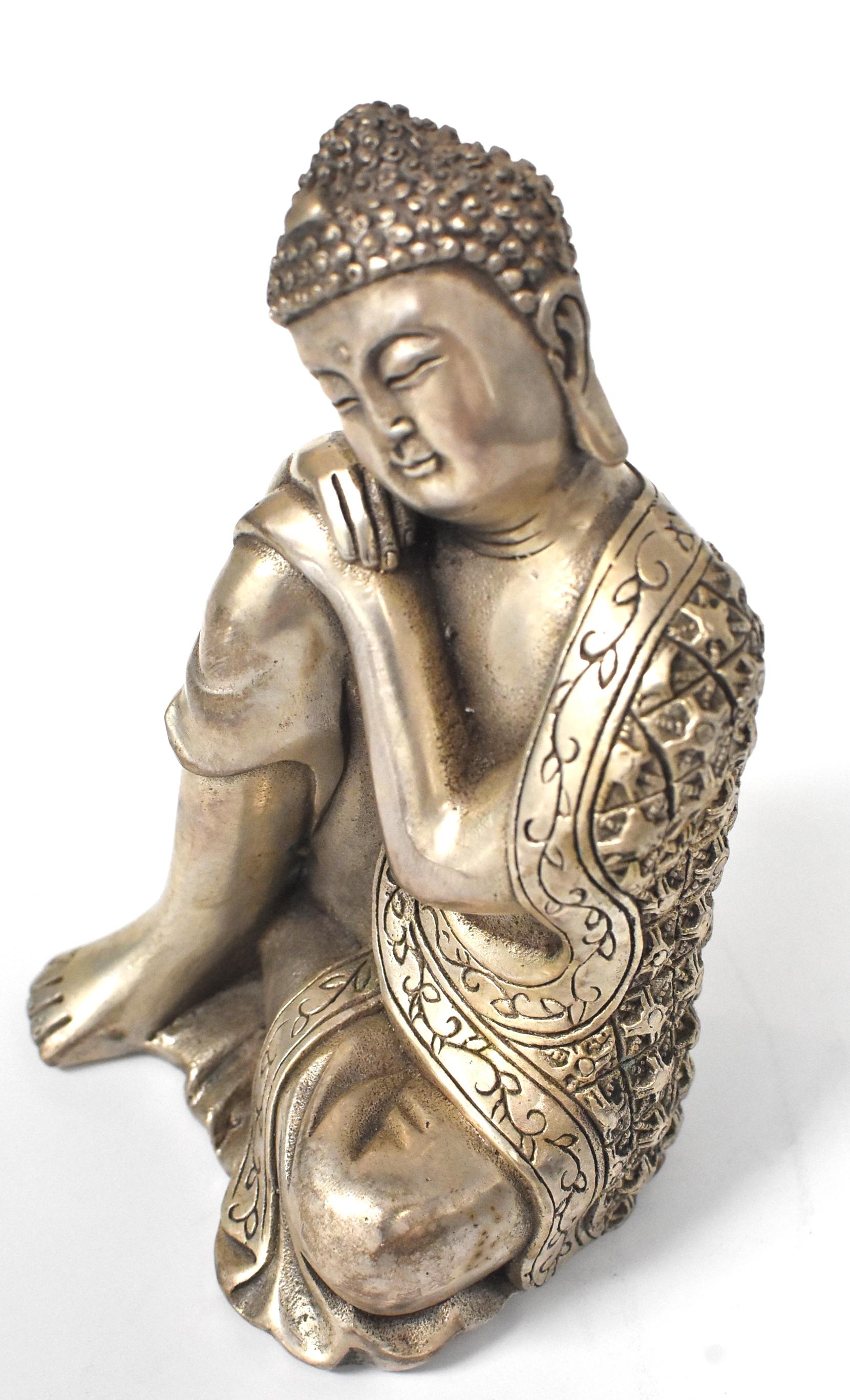 Contemporary Silvered Brass Buddha Statue, a Thinking Buddha