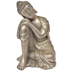 Silvered Brass Buddha Statue, a Thinking Buddha