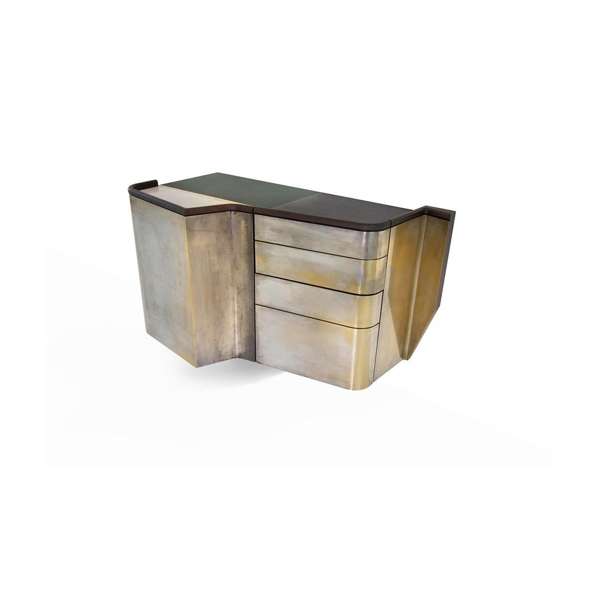 Handcrafted studio design build wall mounted console sideboard or dry bar with multiple drawers and cabinets. Surfaces finishes in a combination of leather, wood and/or marble. Cabinets faced with hand silvered and patinated brass sheets. A truly