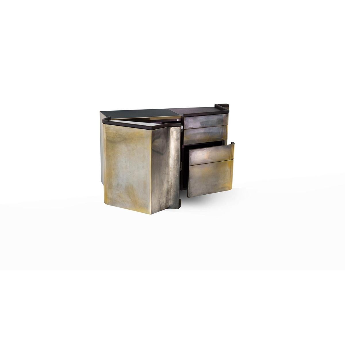 Modern Silvered Brass Faced Console Sideboard with Marble, Leather and Wood Finishes