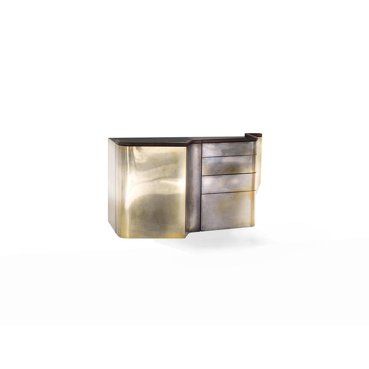 European Silvered Brass Faced Console Sideboard with Marble, Leather and Wood Finishes