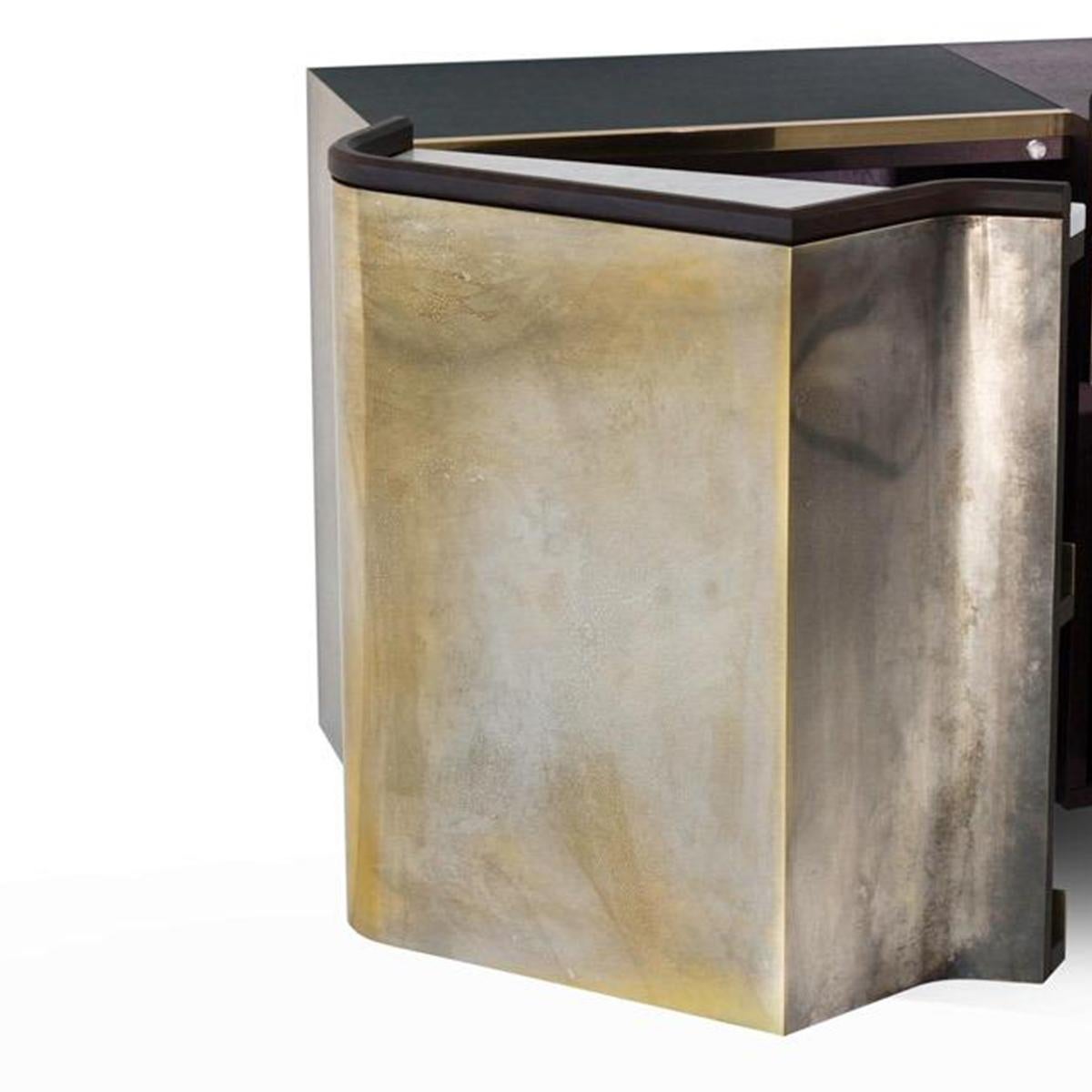 Polished Silvered Brass Faced Console Sideboard with Marble, Leather and Wood Finishes