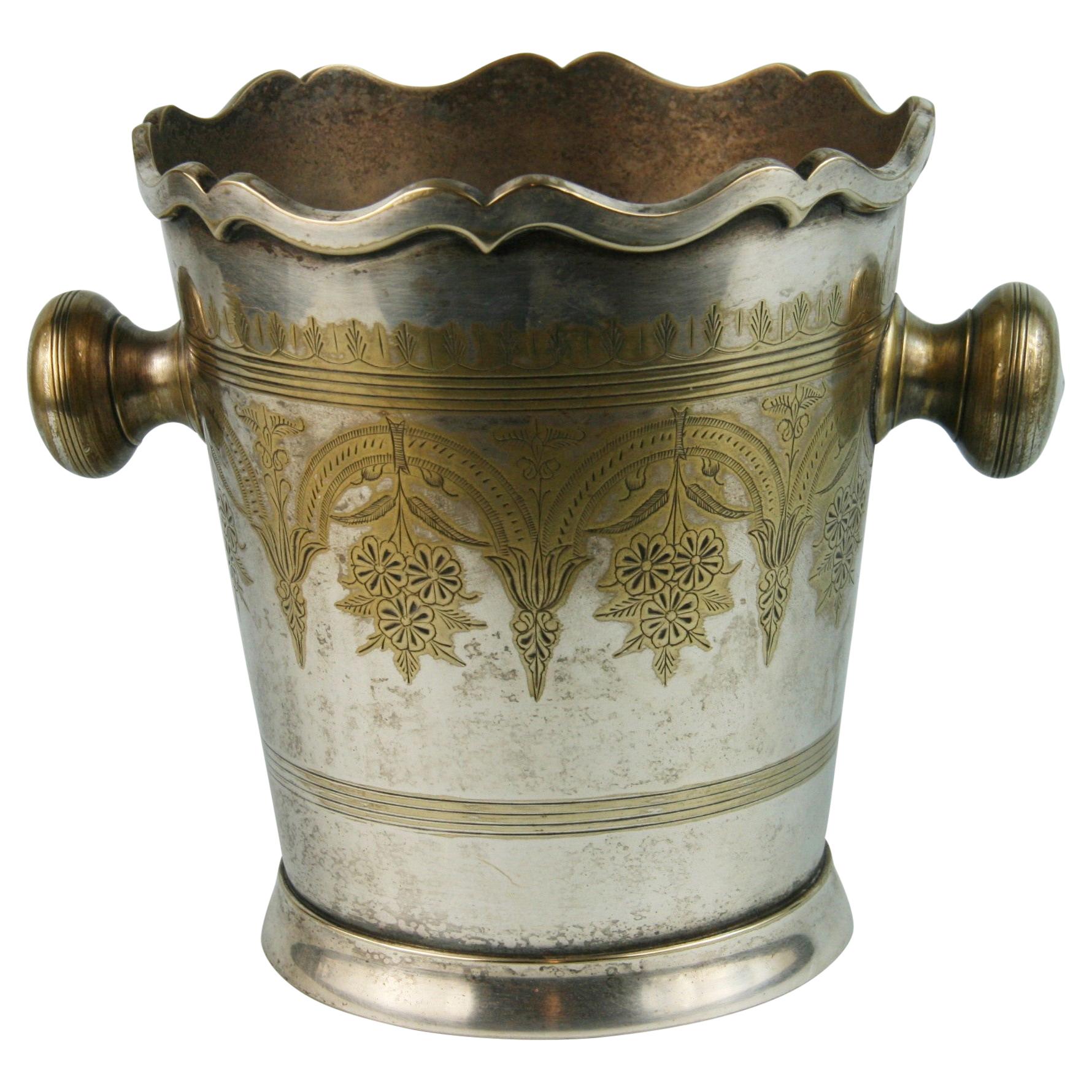 Silvered Brass Wine Cooler/Ice bucket  with Repousse Detailing