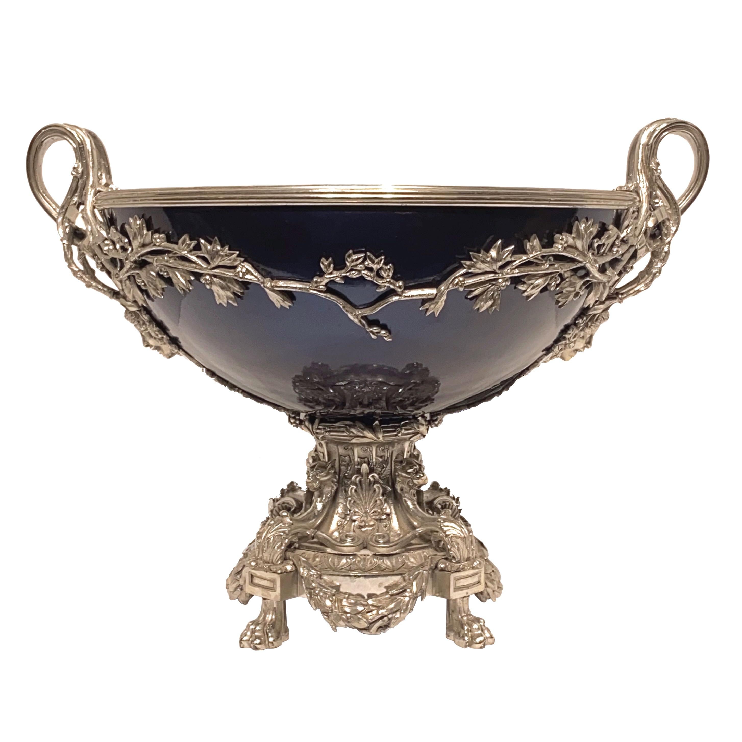 French 19th century Louis XVI style silvered bronze and cobalt blue centerpiece.