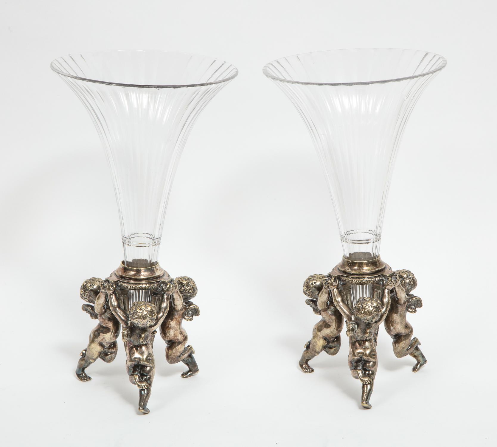 Napoleon III Silvered Bronze and Cut Glass Five-Piece Table Garniture Attributed to Baccarat