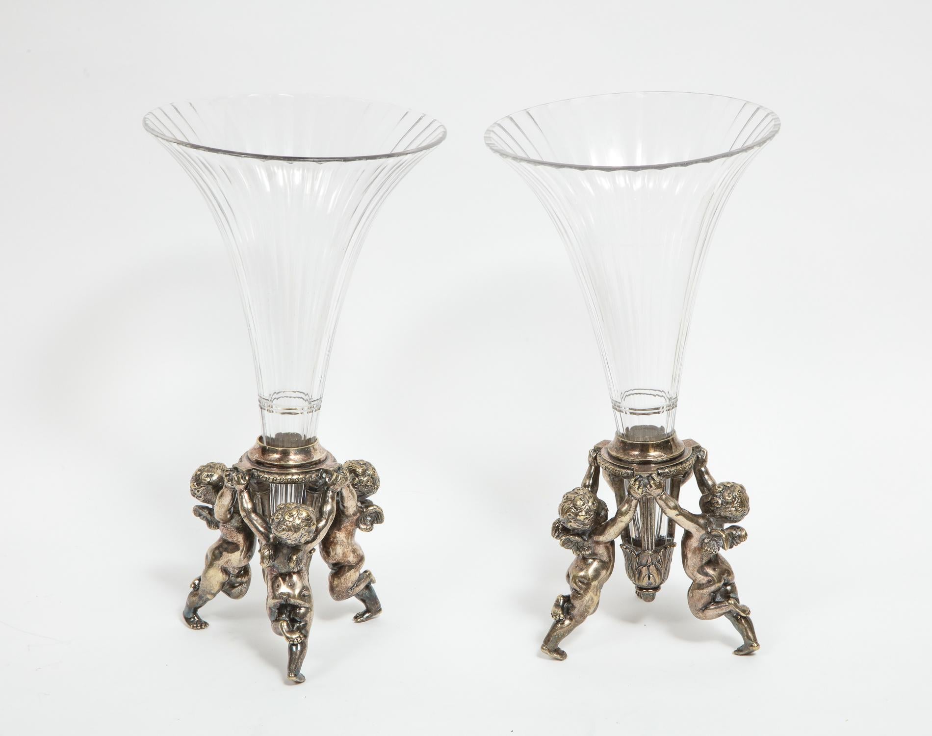 French Silvered Bronze and Cut Glass Five-Piece Table Garniture Attributed to Baccarat