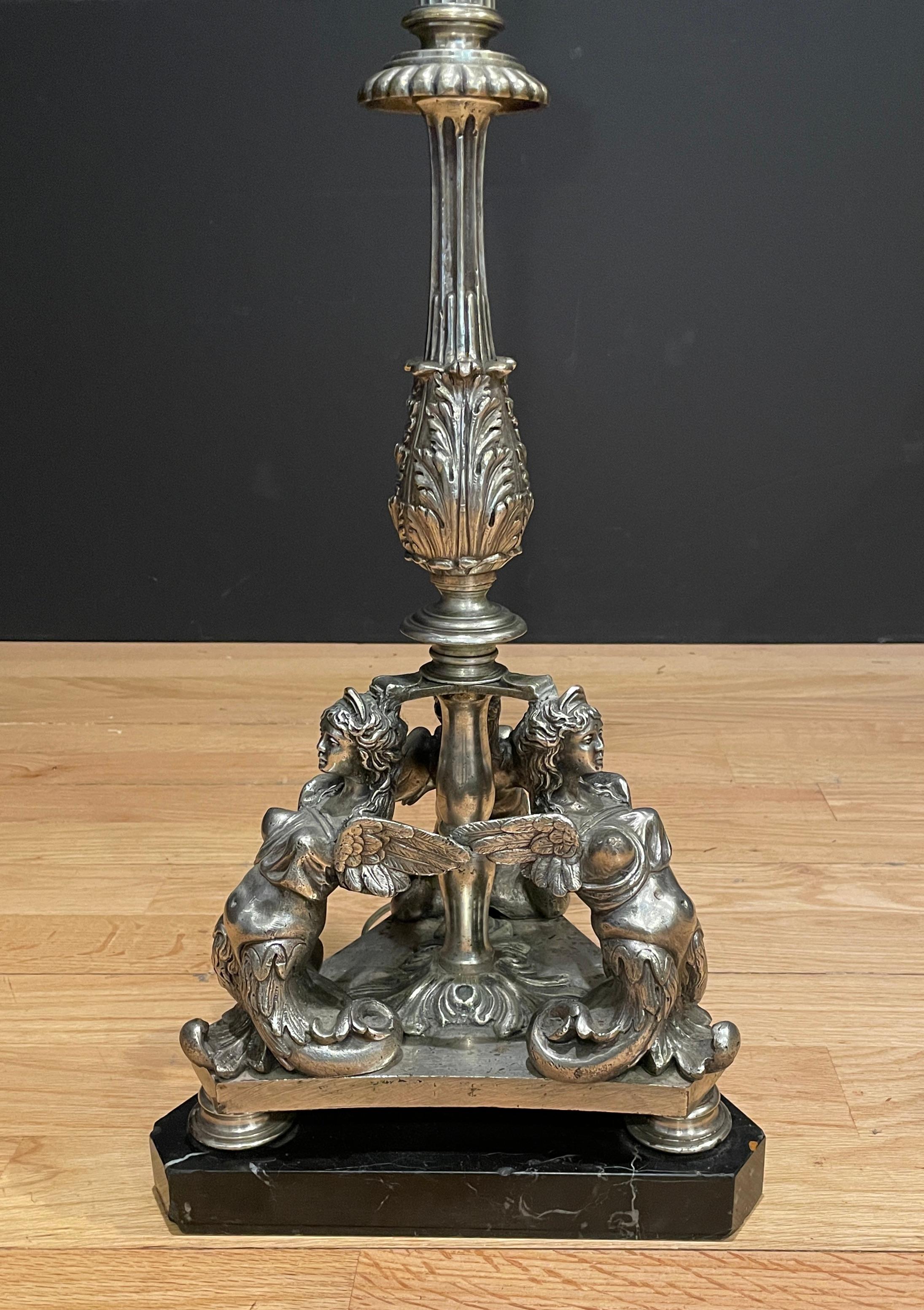 Renaissance Revival Antique Silvered Bronze Baroque Figural Floor Lamp For Sale