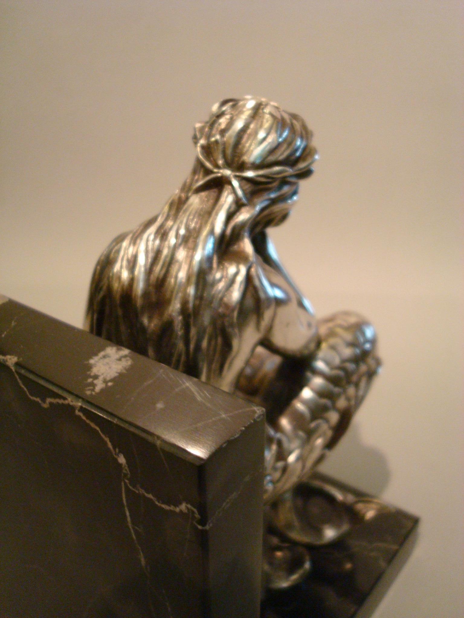 Silvered Bronze Bookends Sculptures of a Mermaid and Merman, France, 1900 For Sale 3