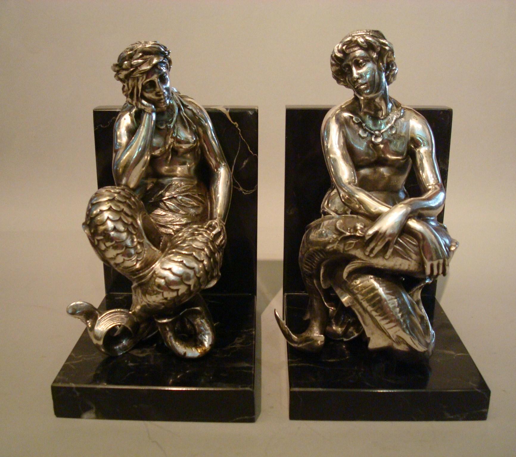 Silvered Bronze Bookends Sculptures of a Mermaid and Merman, France, 1900 For Sale 4