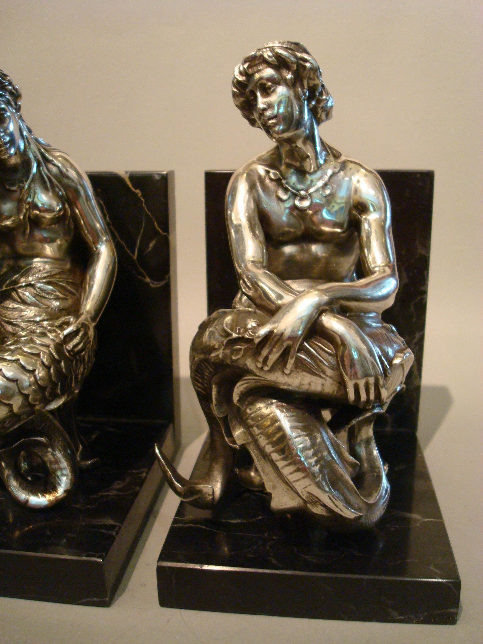 Silvered Bronze Bookends Sculptures of a Mermaid and Merman, France, 1900 For Sale 5