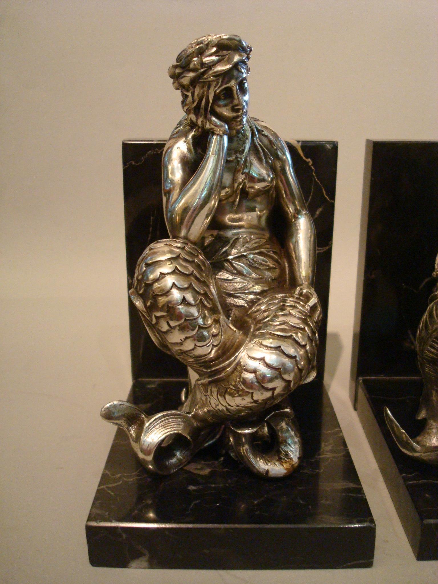 Silvered Bronze Bookends Sculptures of a Mermaid and Merman, France, 1900 For Sale 6