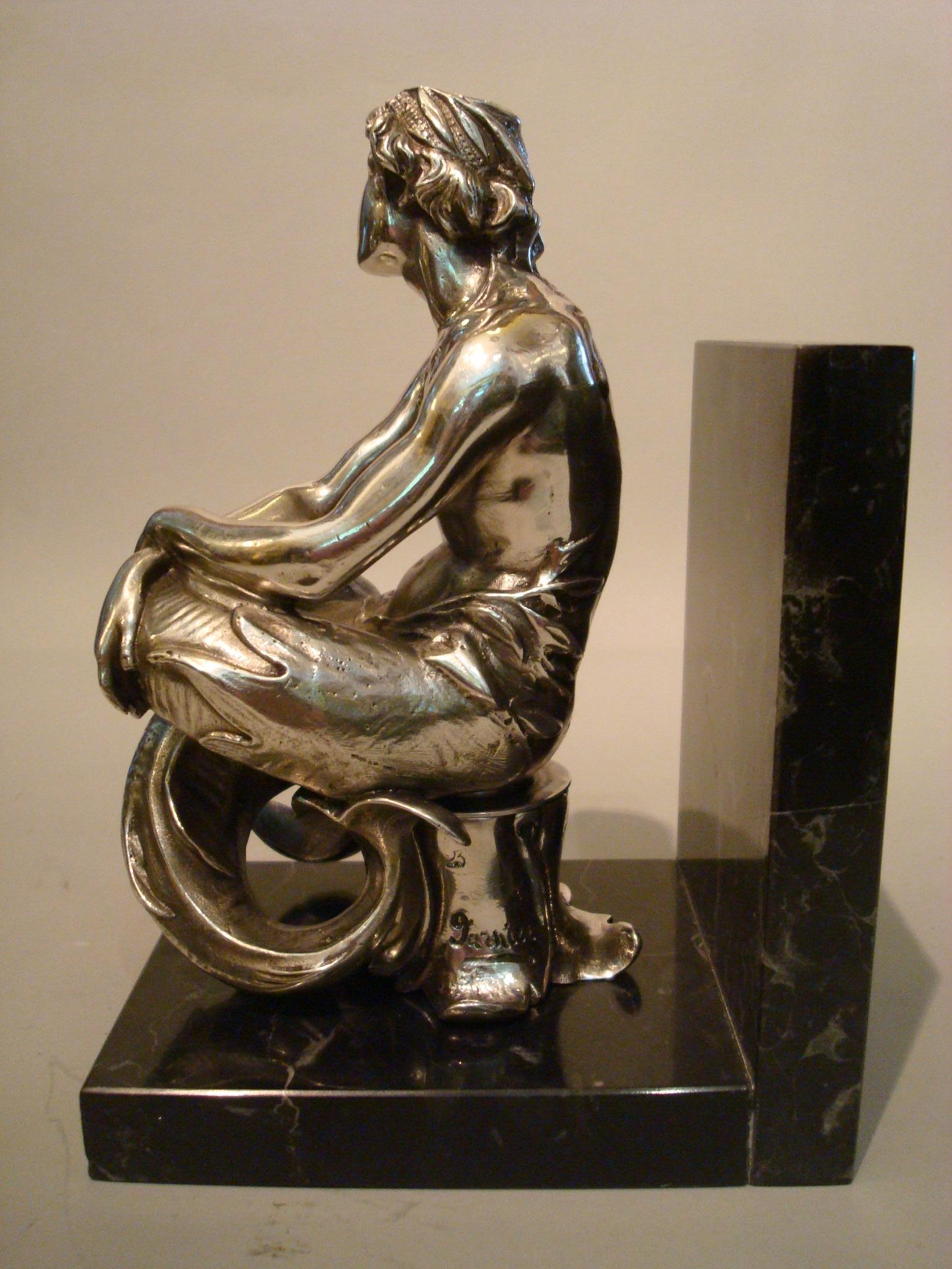 Art Nouveau Silvered Bronze Bookends Sculptures of a Mermaid and Merman, France, 1900 For Sale