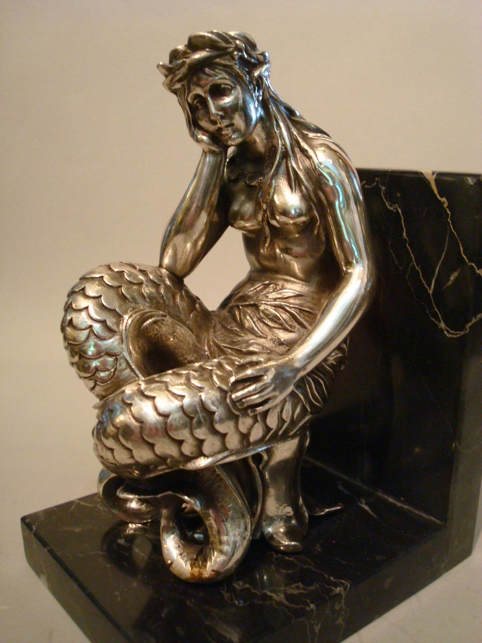 French Silvered Bronze Bookends Sculptures of a Mermaid and Merman, France, 1900 For Sale