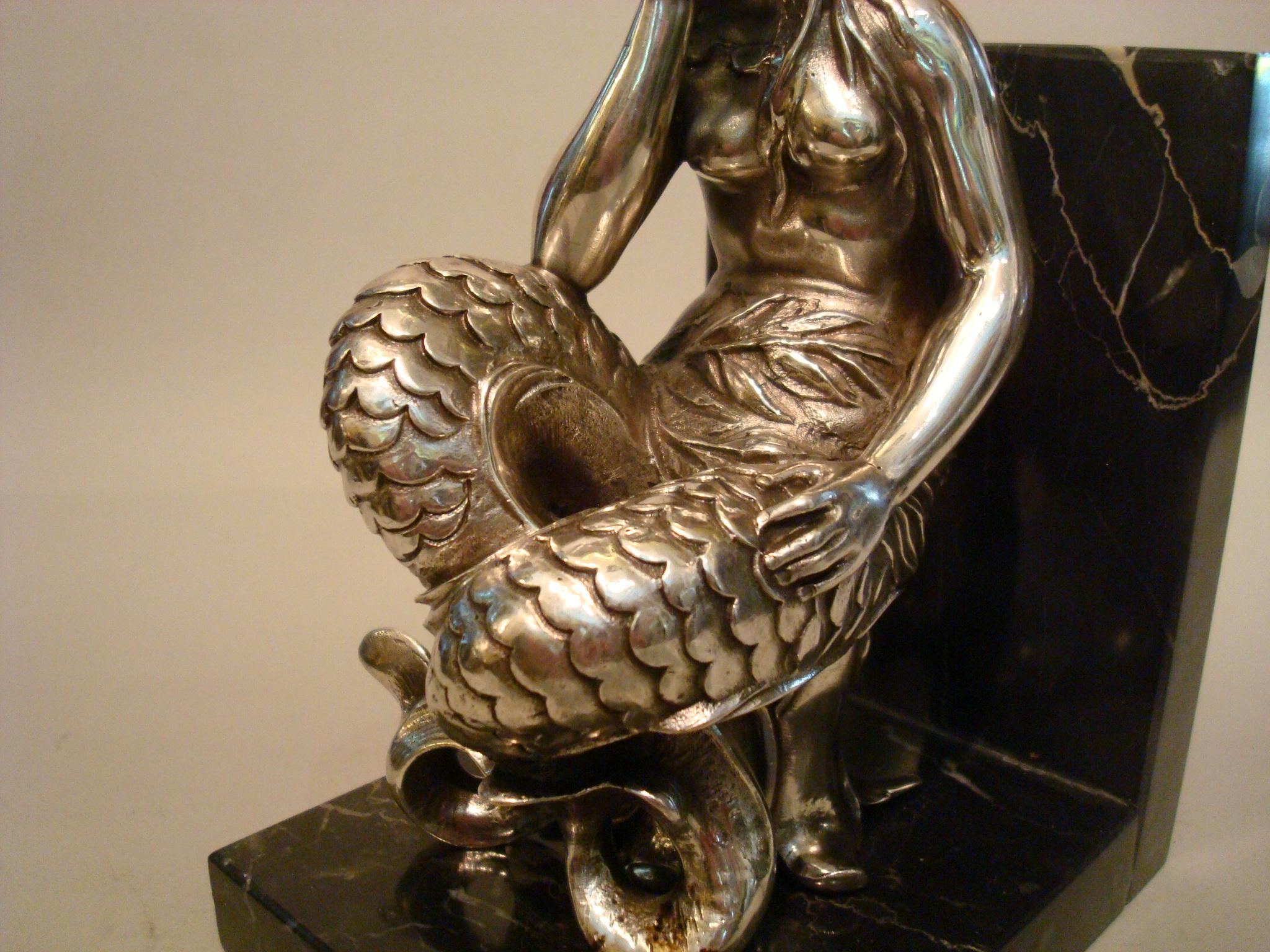 20th Century Silvered Bronze Bookends Sculptures of a Mermaid and Merman, France, 1900 For Sale