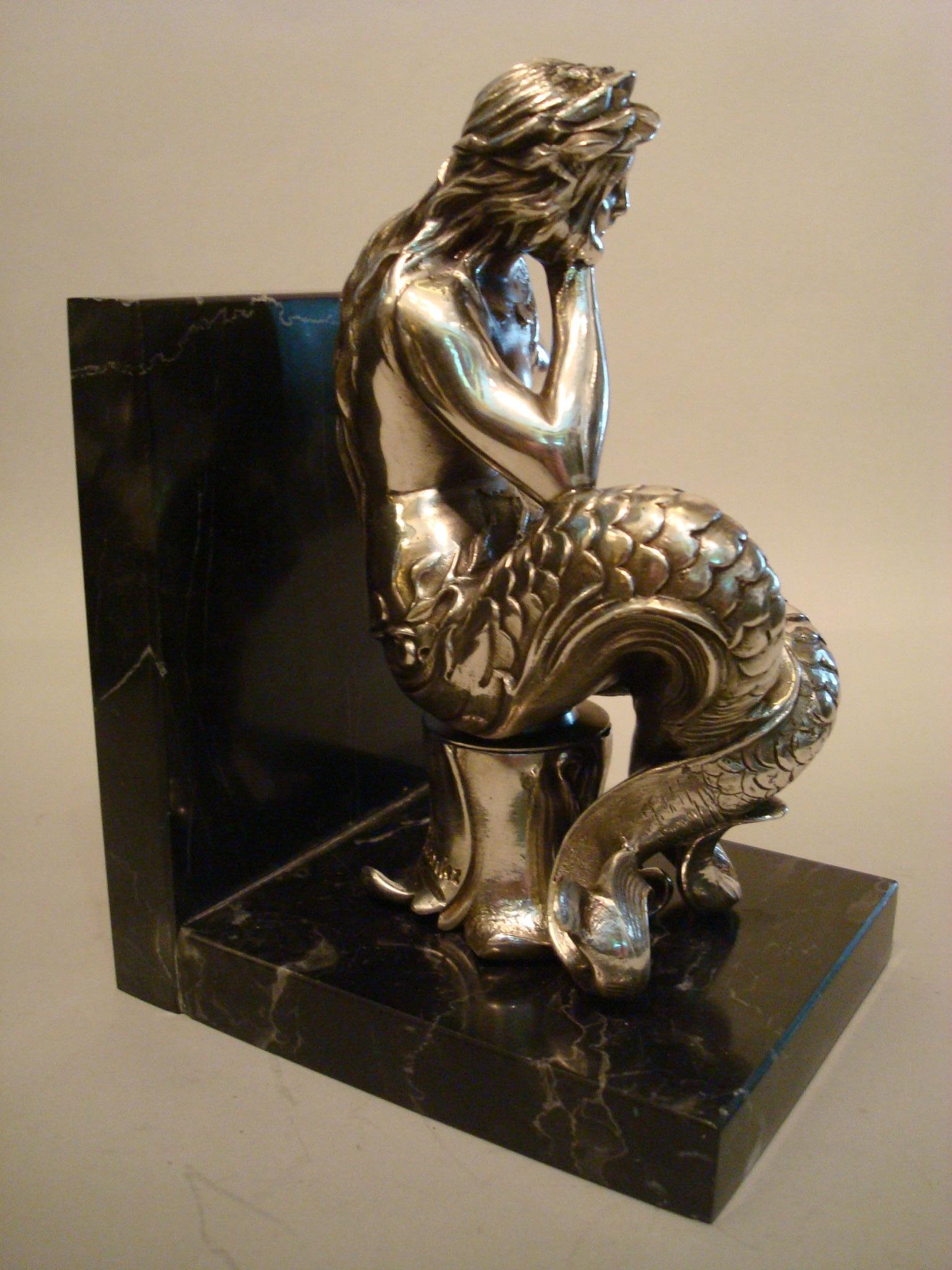 Silvered Bronze Bookends Sculptures of a Mermaid and Merman, France, 1900 For Sale 1