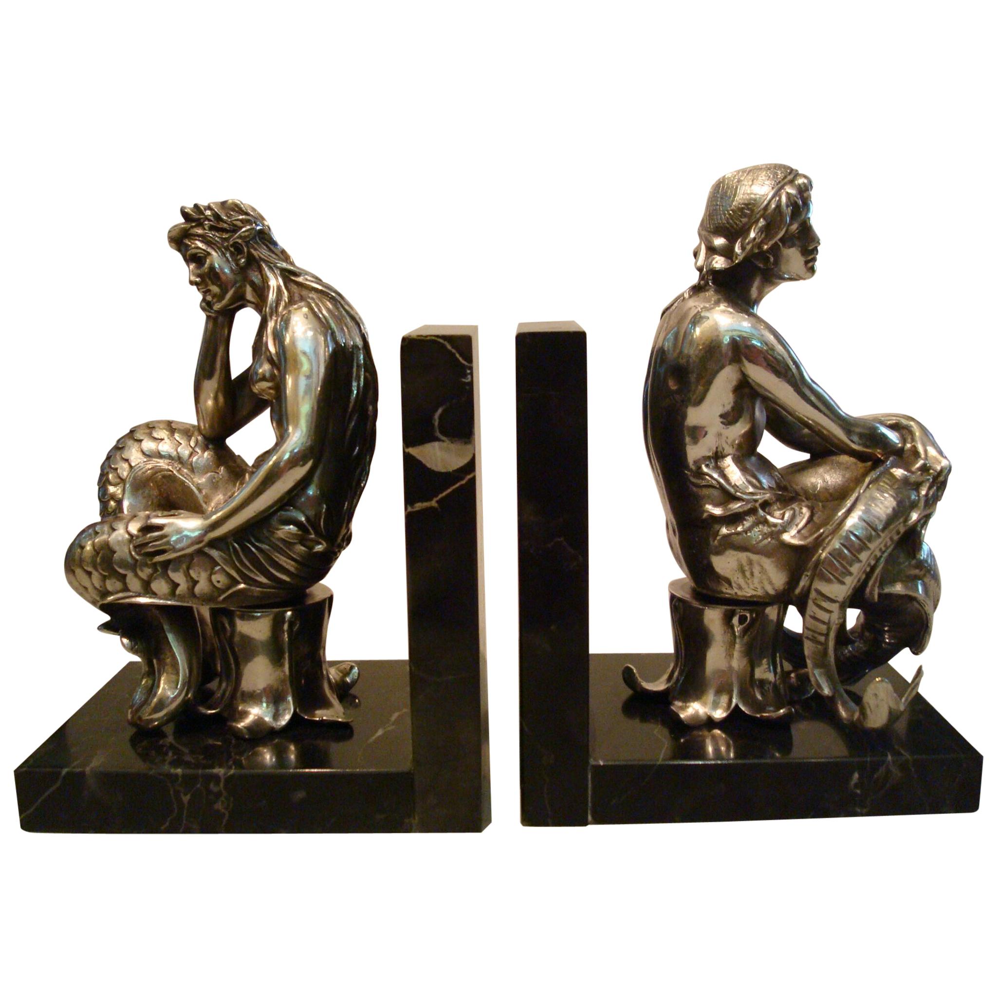 Silvered Bronze Bookends Sculptures of a Mermaid and Merman, France, 1900 For Sale