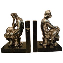 Silvered Bronze Bookends Sculptures of a Mermaid and Merman, France, 1900