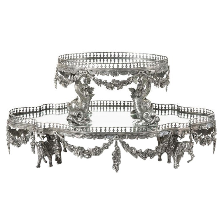 Silvered Bronze Centerpiece Platteau with Elephants and Dolphins