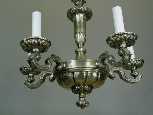Silvered Bronze Chandelier, circa 1920s In Good Condition For Sale In Douglas Manor, NY