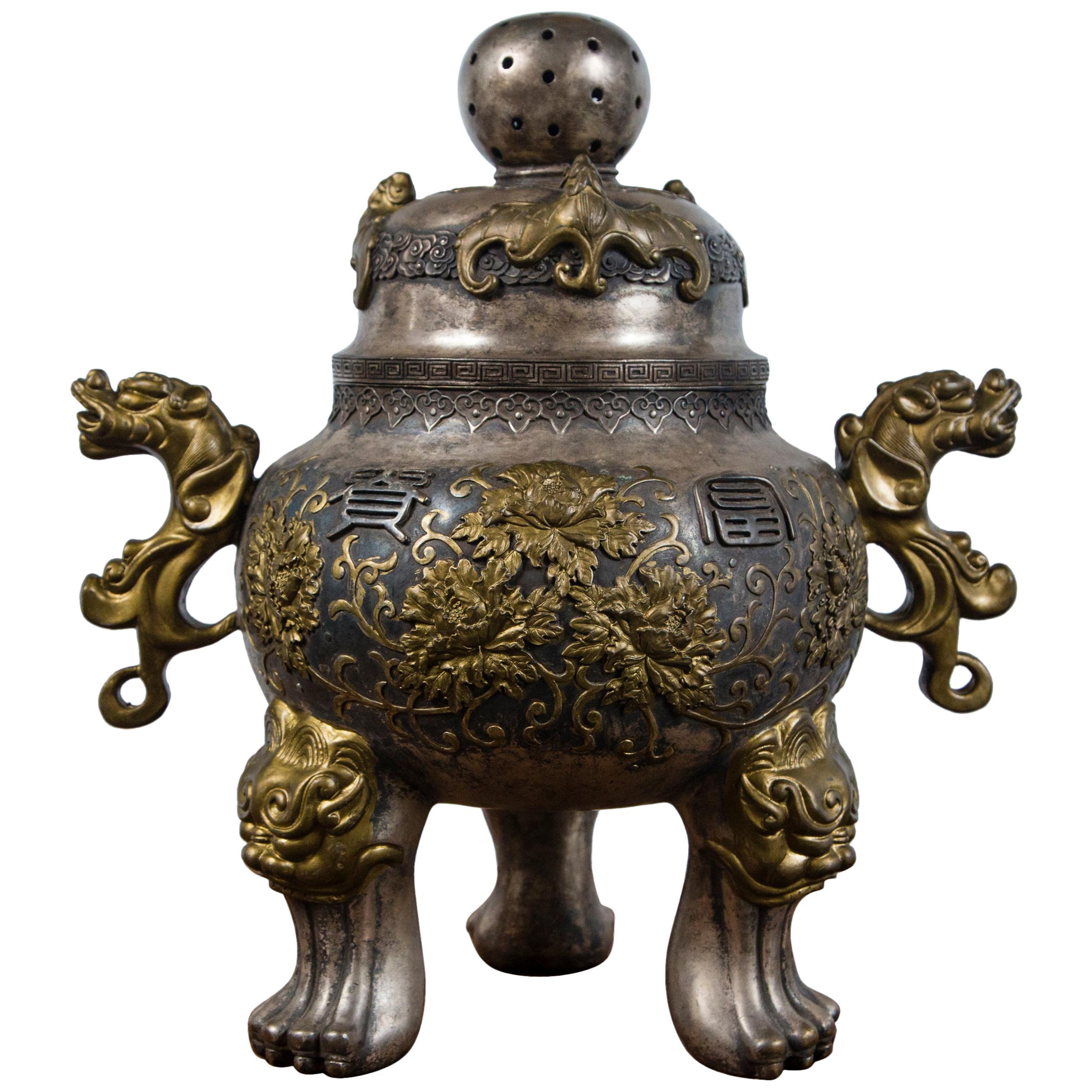 Silvered Bronze Chinese Incensor For Sale