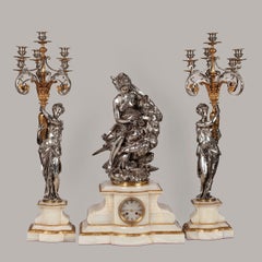 Silvered Bronze Clock Set Depicting Hebe & Jupiter's Eagle by Charpentier & Co