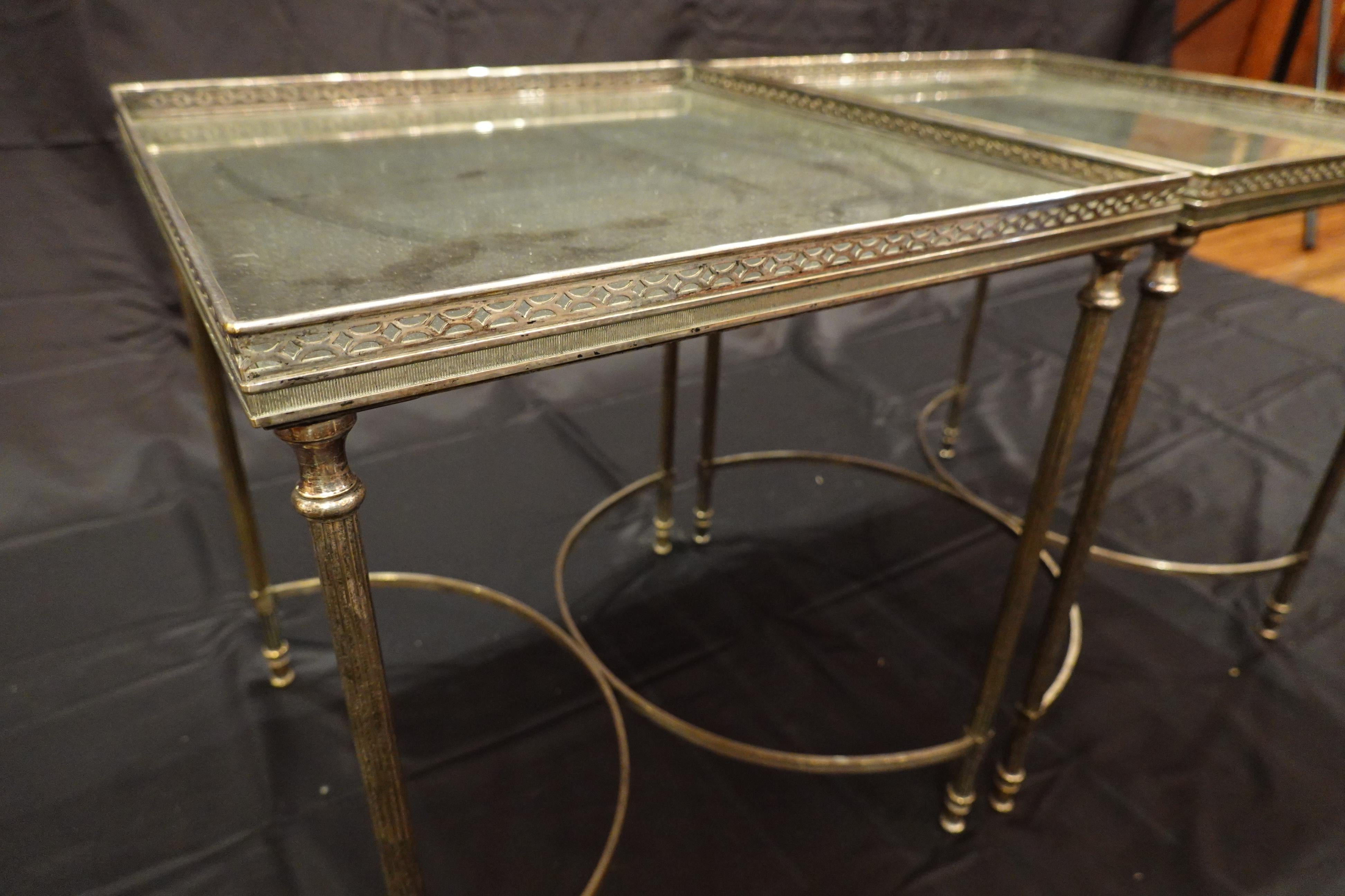 Silvered-Bronze Coffee Table and Two Nesting Side Tables with Églomisé Tops For Sale 2